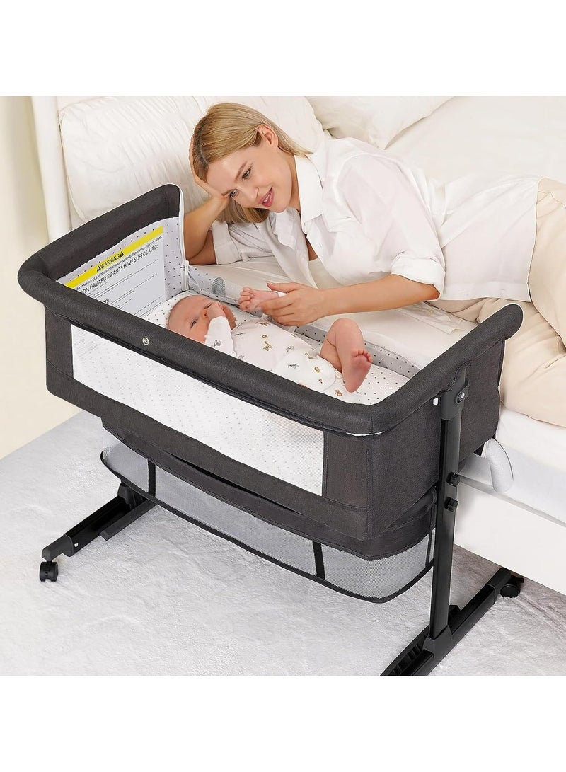 KIDZ ERA Baby Bassinet, 3 in 1 Bassinets Bedside Sleeper, Adjustable Height Bedside Sleeper , Breathable Mesh, Storage Basket, Wheels, Easy Assemble & Folding (Gray) - Image 1